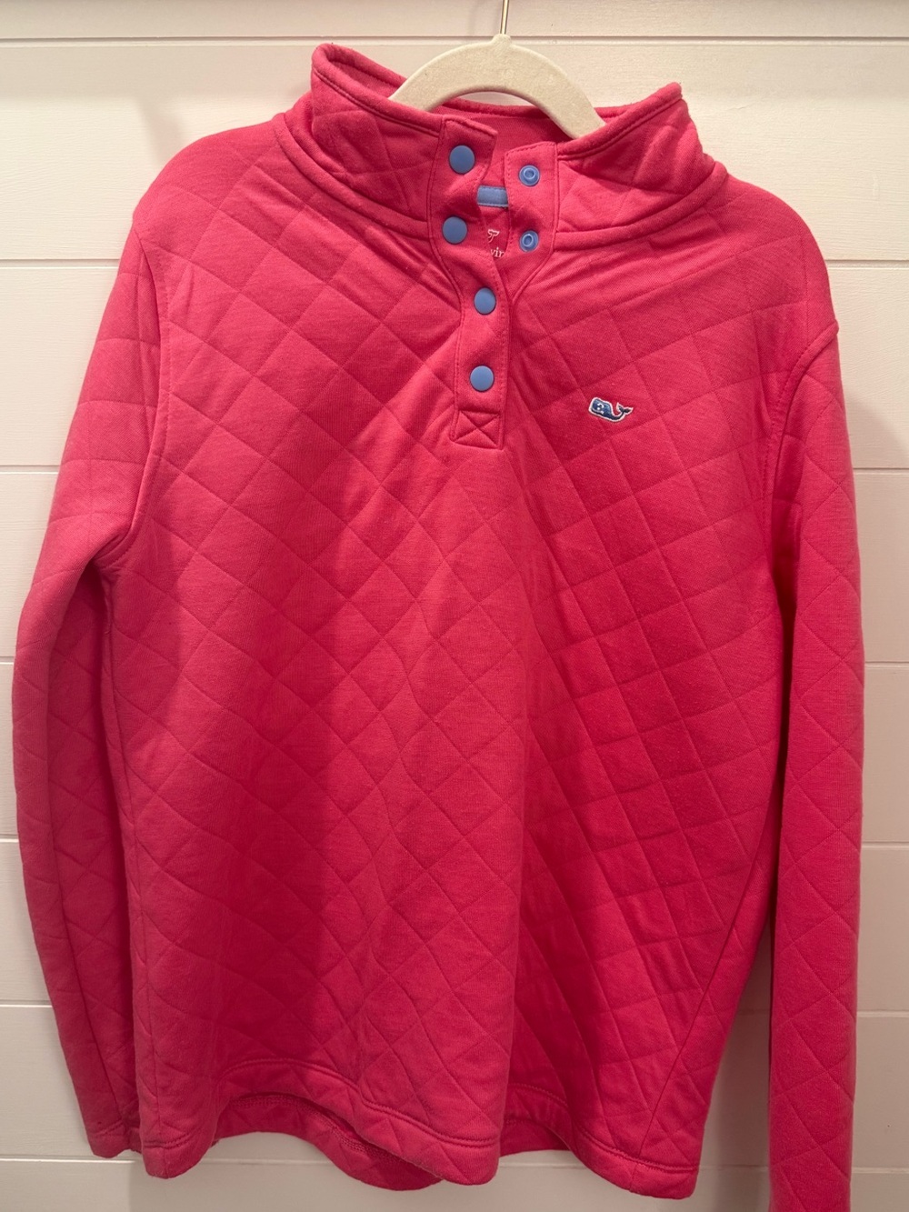Vineyard Vines Bright Pink Quilted Pullover with Light Blue Trim